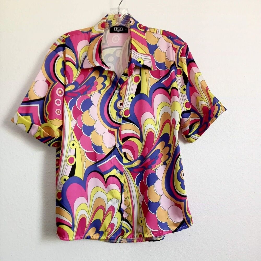 Itoo Italy 70's Top Neon Colors SZ S Button Front Blouse Short Sleeve Groovy